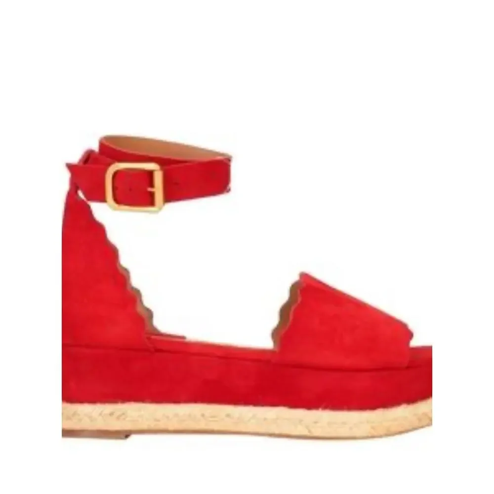 Chloe Lauren Red Suede Scalloped Espadrille Wedge Sandals Size 37